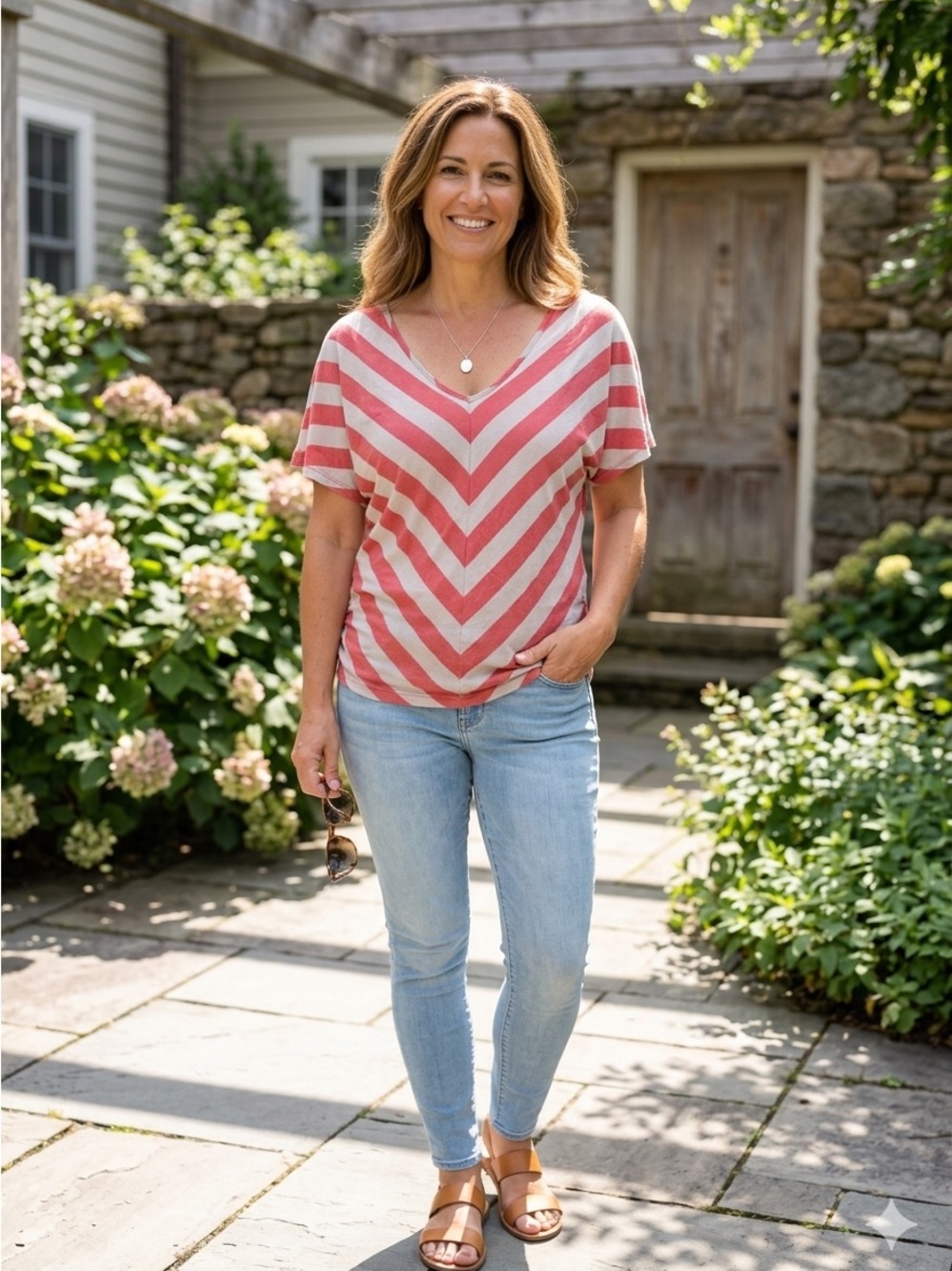 Old Navy Coral & Cream V-Neck Striped Top
